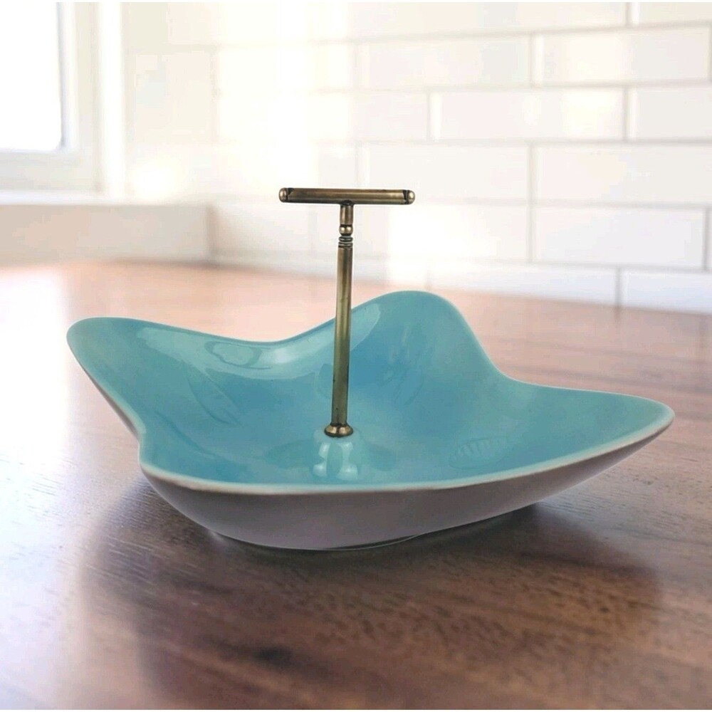 California USA Pottery Turquoise Candy Nut Dish Brass Handle 1950's Vtg Atomic